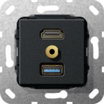 Gira 568010 Einsatz HDMI USB 3.0 Typ A und Miniklinke 3,5mm Kupplung HDMI+USB Kabelpeitsche Miniklinke Schwarz matt 