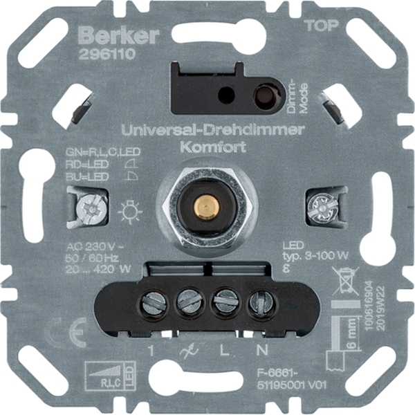 Berker 296110 Universal-Drehdimmer Komfort (R L C LED) Softrastung Lichtsteuerung