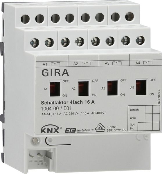 Gira 100400 Schaltaktor 4-fach 16A mit Handbetätigung für KNX