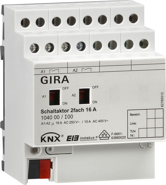 Gira 104000 Schaltaktor 2-fach 16A mit Handbetätigung für KNX