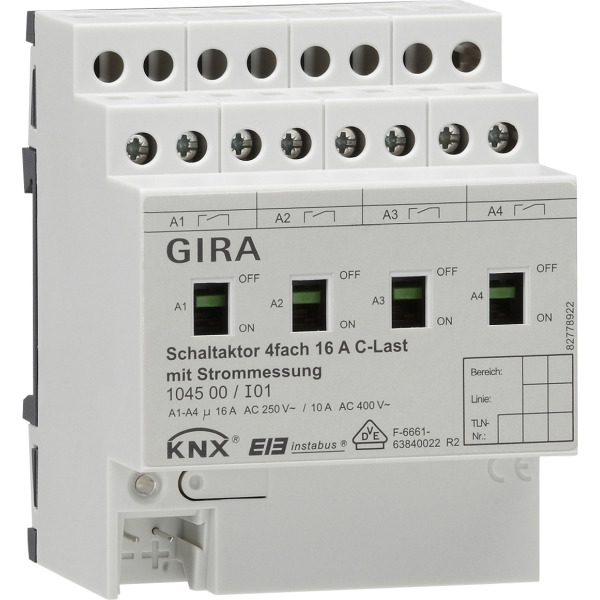 Gira 104500 Schaltaktor 4-fach 16A mit Handbetätigung und Strommessung für C-Lasten für KNX