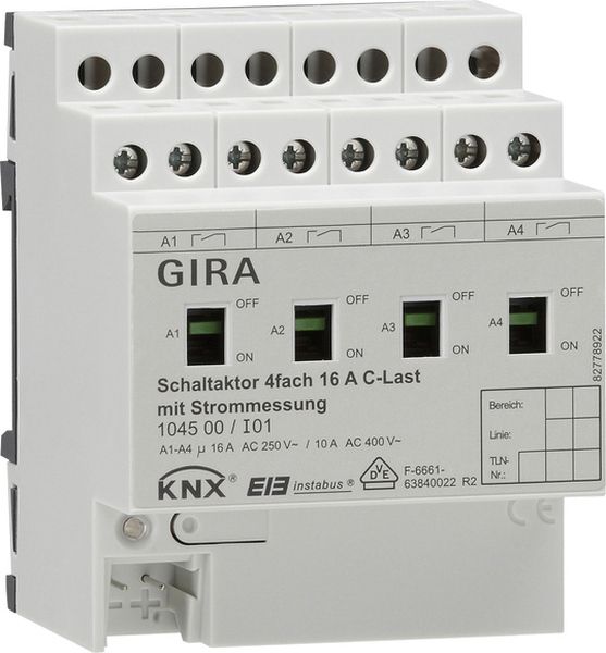 Gira 104500 Schaltaktor 4-fach 16A mit Handbetätigung und Strommessung für C-Lasten für KNX