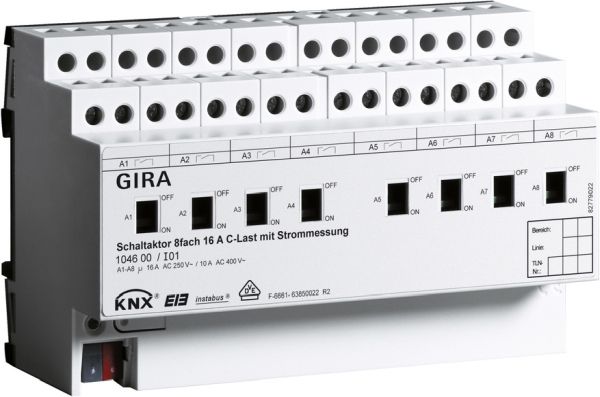 Gira 104600 Schaltaktor 8-fach 16A mit Handbetätigung und Strommessung für C-Lasten für KNX