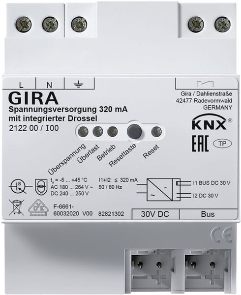 Gira 212200 Spannungsversorgung 320mA mit integrierter Drossel für One und KNX REG Spannungsversorgungen zur Versorgung von KNX Geräten mit Busspannung