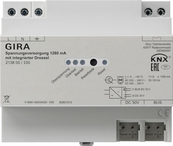 Gira 213800 Spannungsversorgung 1280mA mit integrierter Drossel für One und KNX REG Spannungsversorgungen zur Versorgung von KNX Geräten mit Busspannung