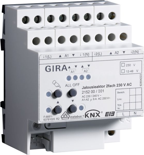 Gira 215200 Jalousieaktor 2-fach AC 230V mit Handbetätigung für KNX