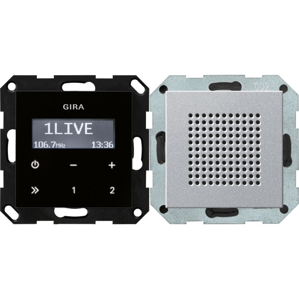 Gira 228026 Unterputz-Radio RDS mit einem Lautsprecher Bedienaufsatz in Schwarzglasoptik Farbe Alu