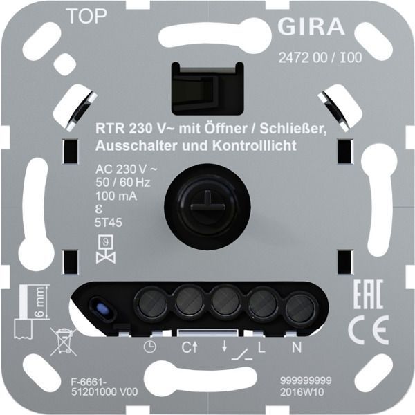 Gira 247200 Einsatz Raumtemperaturregler 230V mit Öffner bzw. Schließer Ausschalter und Kontrolllicht