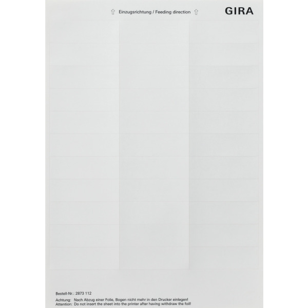 Gira 2873112 Beschriftungsbögen für Flächenschalter 21,8x67mm 33 Schriftfelder Reinweiß