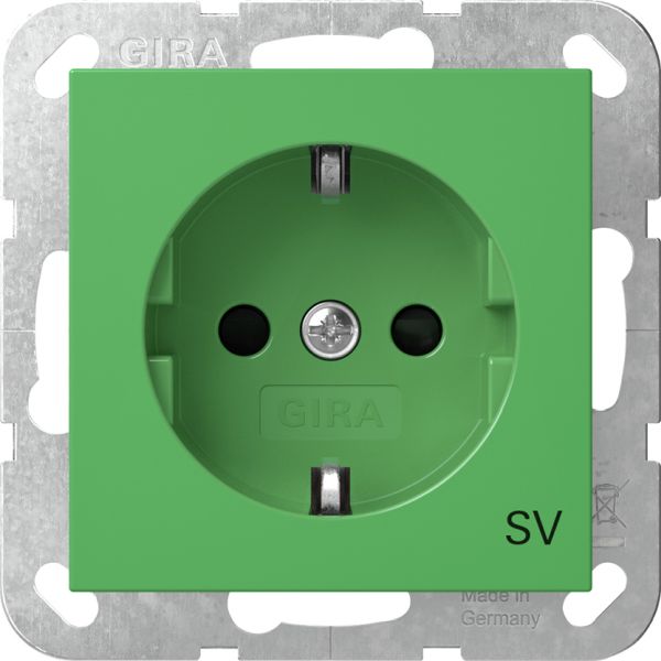 Gira 4453107 Schuko-Steckdose 16A 250V mit erhöhten Berührungsschutz (Shutter) mit grüner Abdeckung und Aufdruck 'SV' (Sicherheitsversorgung) Grün glänzend