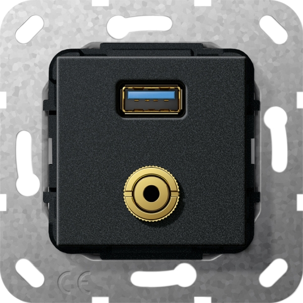 Gira 568610 Einsatz USB 3.0 Typ A und Miniklinke 3,5mm Kupplung USB Kabelpeitsche Miniklinke Schwarz matt