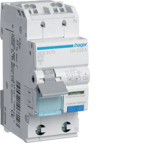 Hager ADS917D FI/LS Fehlerstrom-Leitungsschutzschalter 1P+N 127V 6kA B-16A 30mA Typ A QuickConnect