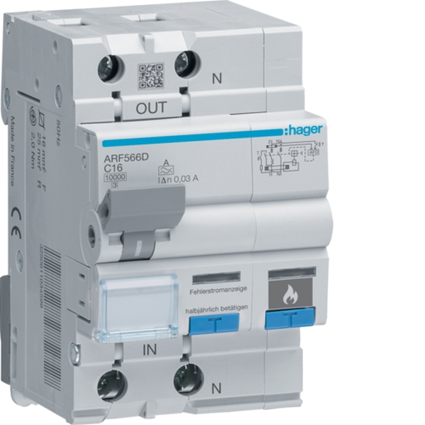 Hager ARF566D Fehlerlichtbogen-Schutzeinrichtung AFDD mit FI-LS 1P+N 10kA C-16A 30mA Typ A 3TE