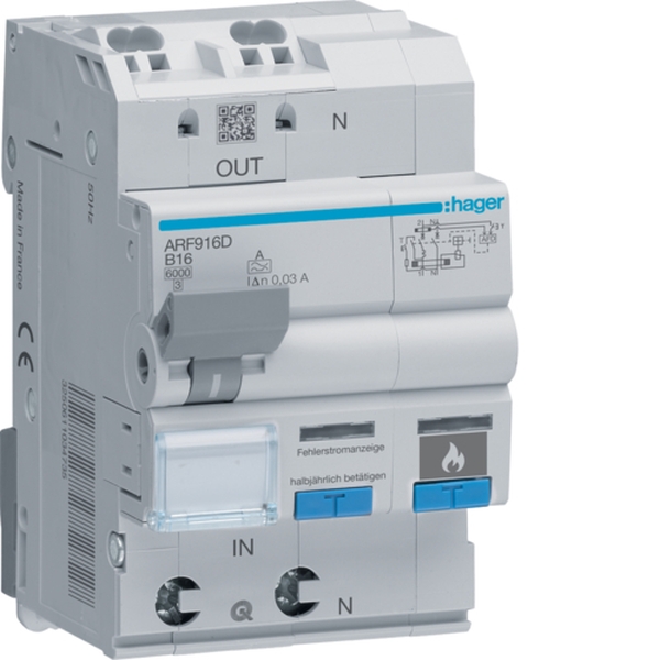 Hager ARF916D Fehlerlichtbogen-Schutzeinrichtung AFDD mit FI-LS 1P+N 6kA B-16A 30mA Typ A 3TE