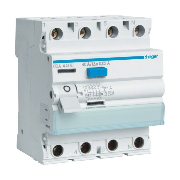 Hager CDA440DY FI-Schutzschalter Fehlerstromschutzschalter 4-polig 6kA 40A 30mA Typ A Testkreis L1-N