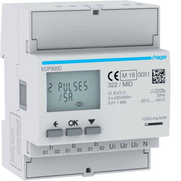 Hager ECP300C Energiezähler 3phasig für Wandlerverhältnis 1A oder 5A S0 MID