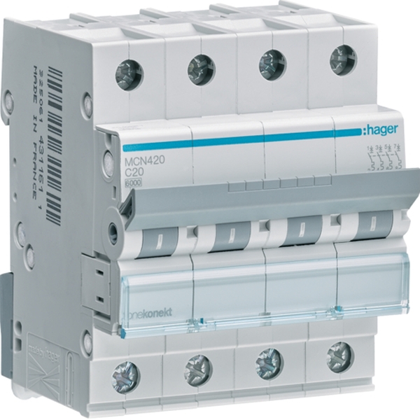 Hager MCN420 Leitungsschutzschalter 4-polig 6kA C-Charakteristik 20A 4TE