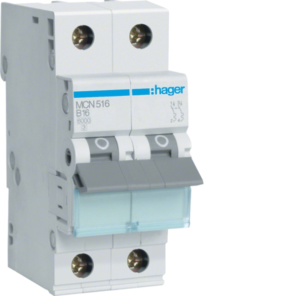 Hager MCN516 Leitungsschutzschalter 1P+N 6kA C-Charakteristik 16A 2TE