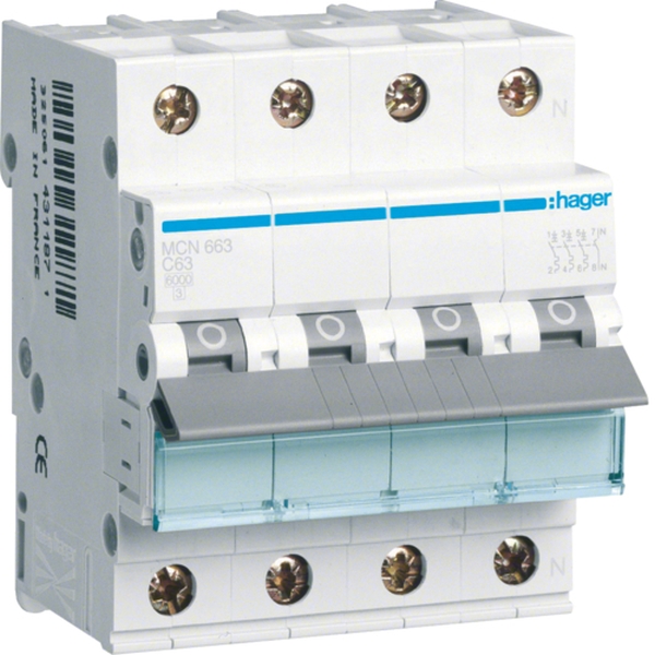 Hager MCN663 Leitungsschutzschalter 3P+N 6kA C-Charakteristik 63A 4TE