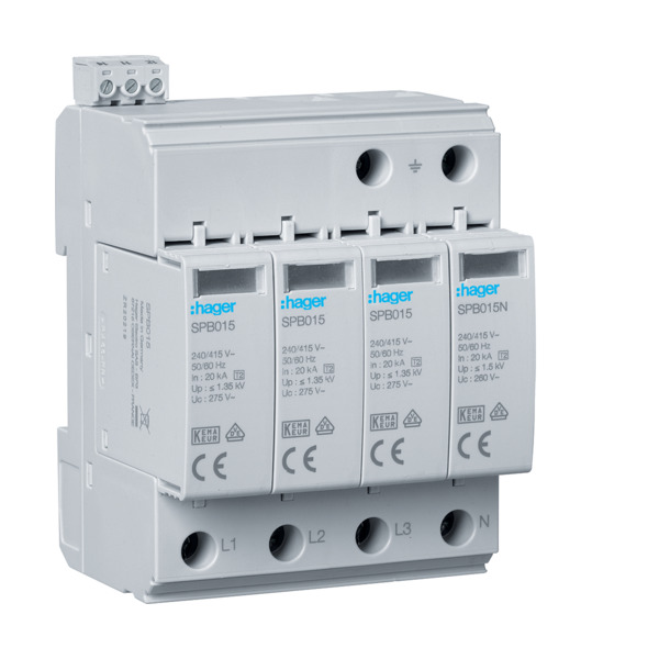 Hager SPB415 Überspannungsableiter T2 4P 40kA TT/TNS Defektanzeige + Kontakt