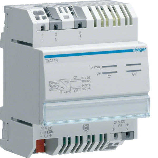 Hager TXA114 Spannungsversorgung KNX mit 1 Ausgang inkl. Drossel 320mA + 1 Ausgang 24VDC 640mA