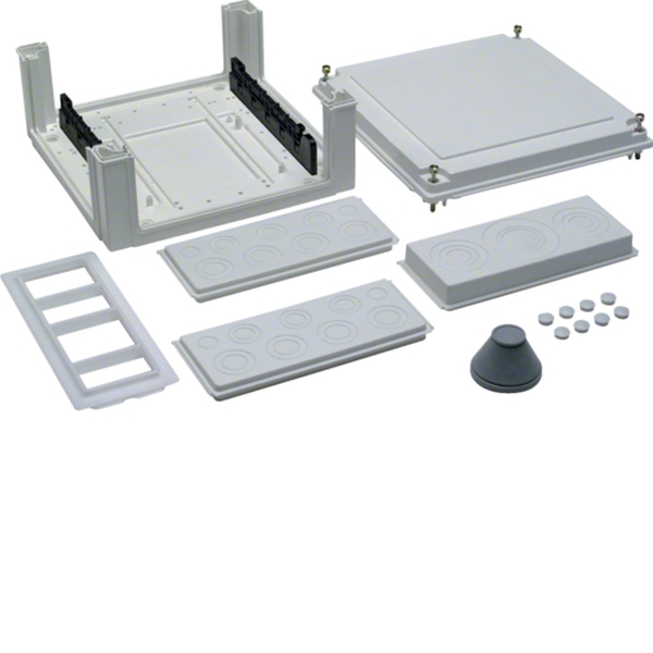 Hager U84S4 Kabelanschlusskasten univers 324x307x149mm IP54 SKII SaS-Träger-40mm seitlich Kabelanschlusskasten als Einspeisegehäuse für Zähler und Verteilerschränke IP31/44/54 mit 160mm oder 205mm Tiefe