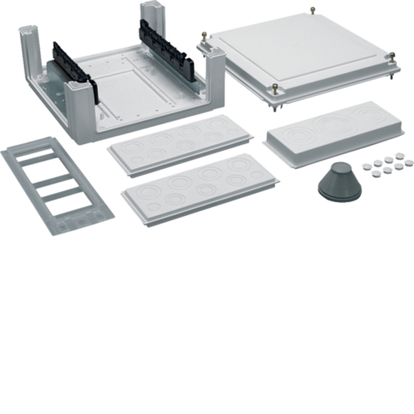 Hager U84S4N Kabelanschlusskasten univers 324x307x149mm IP54 SKII SaS-Träger-40mm seitlich Kabelanschlusskasten als Einspeisegehäuse für Zähler und Verteilerschränke IP31/44/54 mit 160mm oder 205mm Tiefe