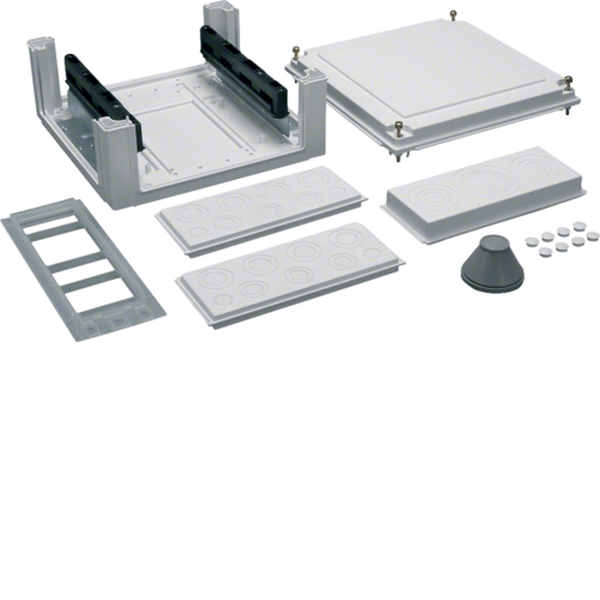 Hager U84S6 Kabelanschlusskasten univers 324x307x149mm IP54 SKII SaS-Träger-60mm seitlich Kabelanschlusskasten als Einspeisegehäuse für Zähler und Verteilerschränke IP31/44/54 mit 160mm oder 205mm Tiefe