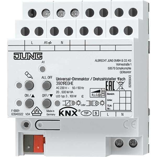 Jung 3901REGHE KNX LED-Universal-Dimmaktor / Drehzahlsteller 1-fach AC 110 - 230V 50/60 Hz 4 TE