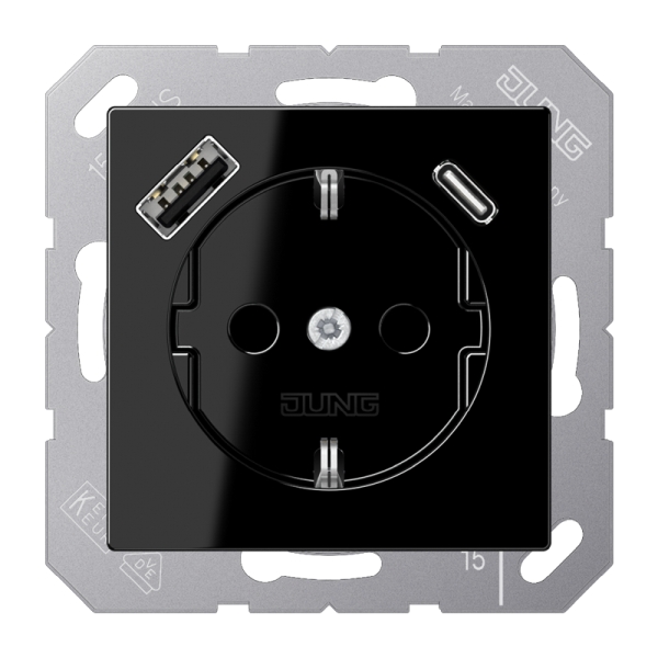Jung A1520-15CASW SCHUKO Steckdose 16A 250V mit USB-Ladegerät 1xTypA + 1xTyp C integrierter erhöhter Berührungsschutz SAFETY+ Serie A schwarz