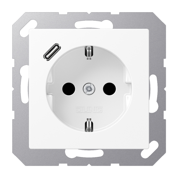 Jung A1520-18CWWM SCHUKO Steckdose 16A 250V mit USB-Ladegerät 1xTyp C integrierter erhöhter Berührungsschutz SAFETY+ Serie A schneeweiß matt