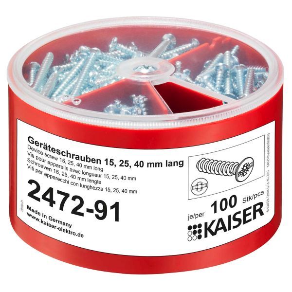 Kaiser 2472-91 Geräteschrauben-Box je 100 Schrauben Ø 3,2 x Länge 15/25/40 mm Kombi-Antrieb Pozidriv / Schlitz 300 Stück