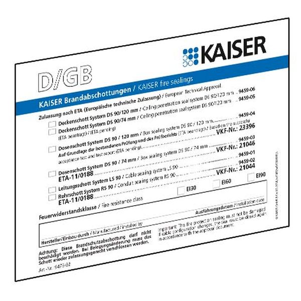 Kaiser 9473-91 Brandschutz Schott-Kennzeichnungsschild Sprachen D/GB/FR/I für alle KAISER-Schottungen