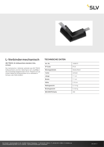SLV 1006575 L-Verbinder mechanisch, 48V TRACK, für Aufbauschiene standard, links, schwarz