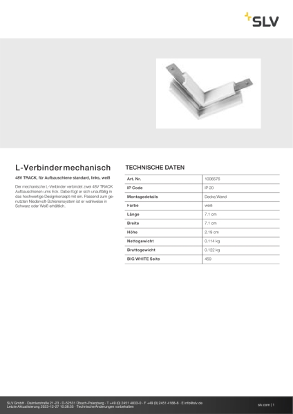 SLV 1006576 L-Verbinder mechanisch, 48V TRACK, für Aufbauschiene standard, links, weiß