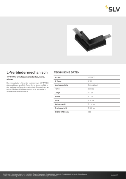 SLV 1006577 L-Verbinder mechanisch, 48V TRACK, für Aufbauschiene standard, rechts, schwarz