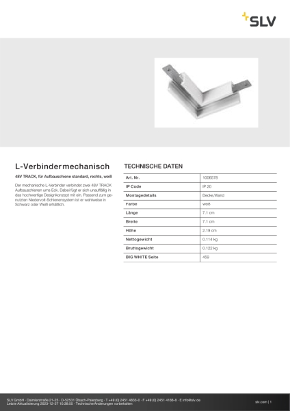 SLV 1006578 L-Verbinder mechanisch, 48V TRACK, für Aufbauschiene standard, rechts, weiß