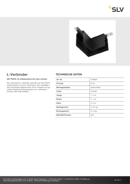 SLV 1006581 L-Verbinder, 48V TRACK, für Aufbauschiene tief, links, schwarz