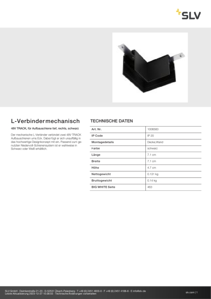 SLV 1006583 L-Verbinder mechanisch, 48V TRACK, für Aufbauschiene tief, rechts, schwarz