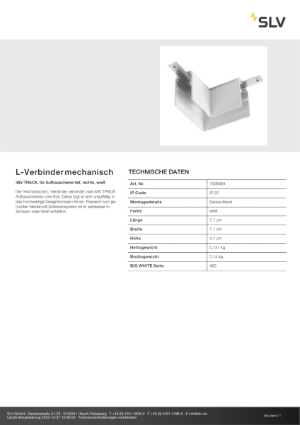 SLV 1006584 L-Verbinder mechanisch, 48V TRACK, für Aufbauschiene tief, rechts, weiß