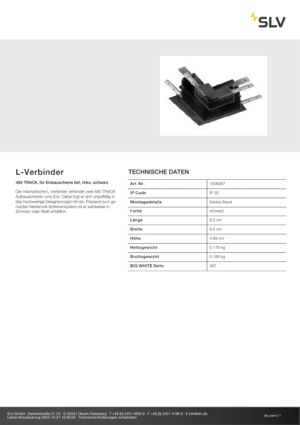 SLV 1006587 L-Verbinder, 48V TRACK, für Einbauschiene tief, links, schwarz