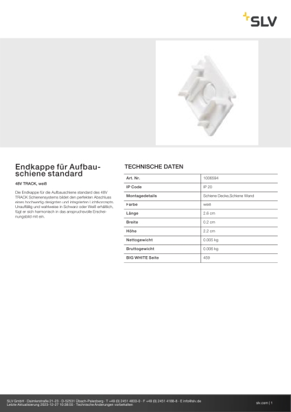 SLV 1006594 Endkappe für Aufbauschiene standard, 48V TRACK, weiß