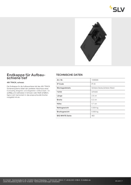 SLV 1006595 Endkappe für Aufbauschiene tief, 48V TRACK, schwarz