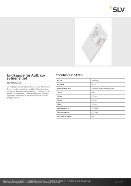 SLV 1006596 Endkappe für Aufbauschiene tief, 48V TRACK, weiß