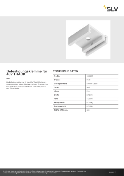 SLV 1006600 Befestigungsklemme für 48V TRACK, weiß