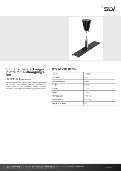 SLV 1006601 Schienenverstärkungsplatte mit Aufhängungsset, 48V TRACK, 1 m Stange, schwarz