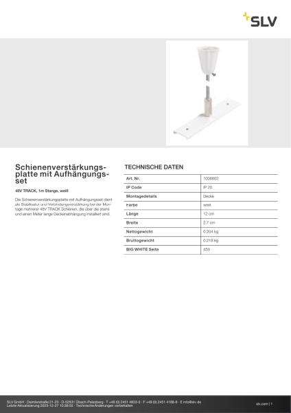 SLV 1006602 Schienenverstärkungsplatte mit Aufhängungsset, 48V TRACK, 1 m Stange, weiß
