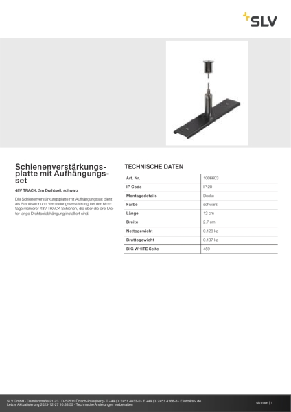 SLV 1006603 Schienenverstärkungsplatte mit Aufhängungsset, 48V TRACK, 3 m Drahtseil, schwarz