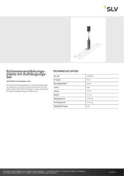 SLV 1006604 Schienenverstärkungsplatte mit Aufhängungsset, 48V TRACK, 3 m Drahtseil, weiß