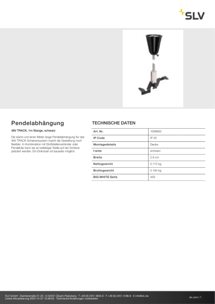 SLV 1006605 Pendelabhängung, 48V TRACK, 1 m Stange, schwarz